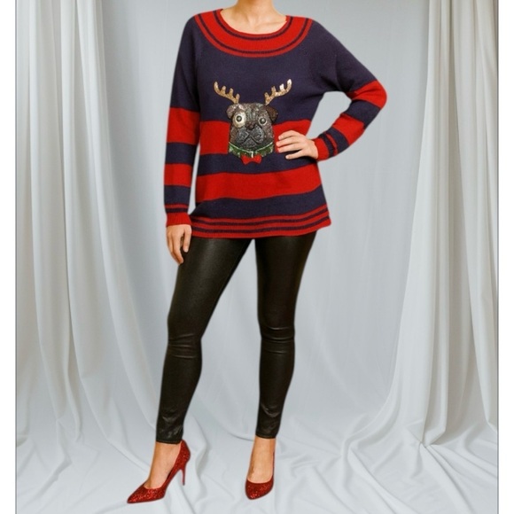 Holiday time Sweaters - HOLIDAY TIME Pug Dog Ugly Christmas Sweater Sz XL Sequin Red Navy Blue